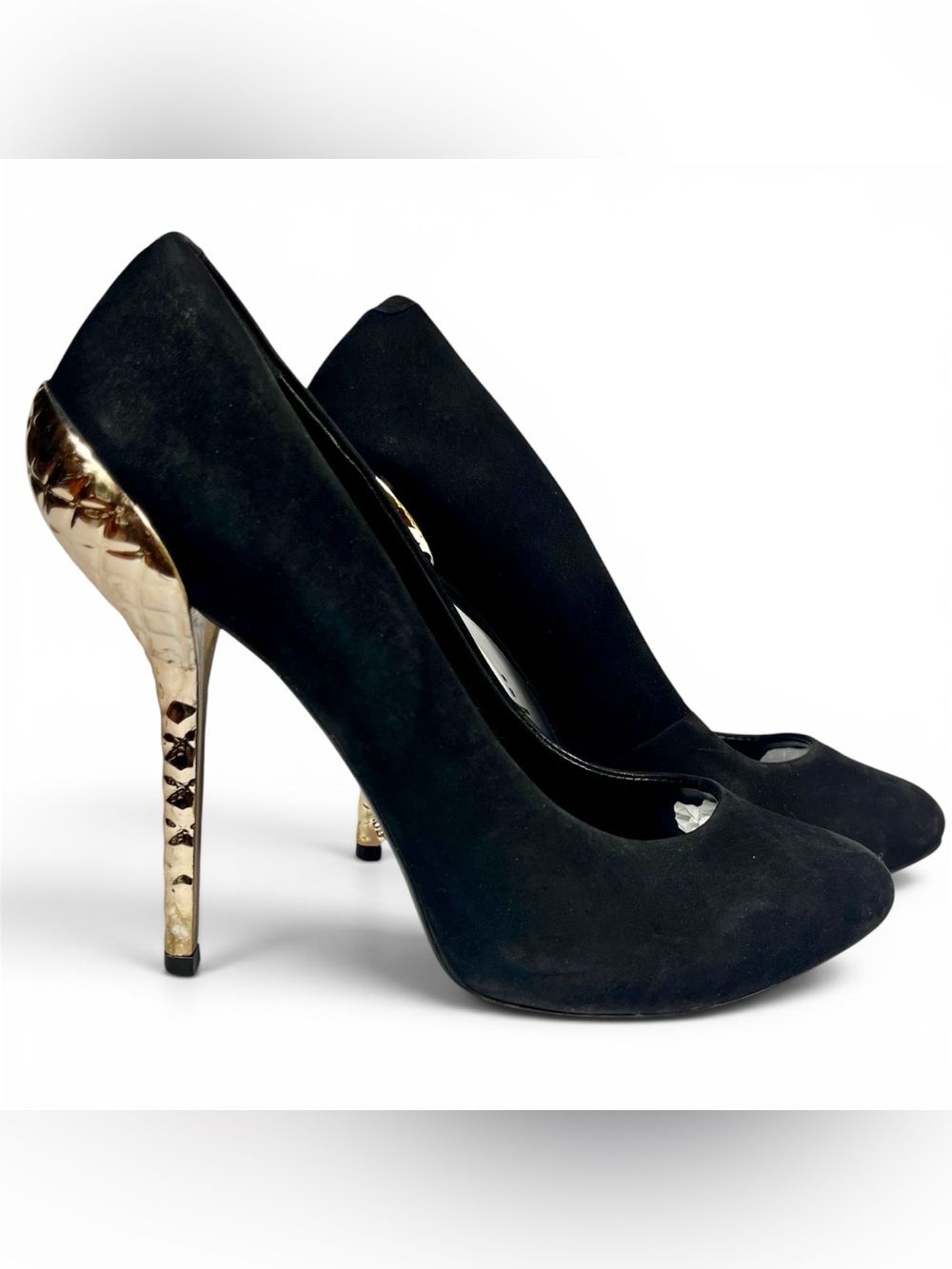 Schutz Amaya Suede Pumps Gold Heel Stiletto Leather Black Sz 8 Metallic Glam